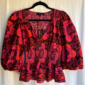 House of Harlow 1960 Floral Peplum Blouse NWOT Pink Orange Puff Sleeve - Size S
